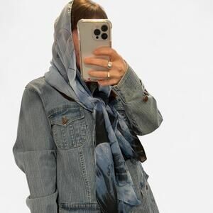 Vintage Blue Floral Silk Scarf Sheer Lightweight Wrap